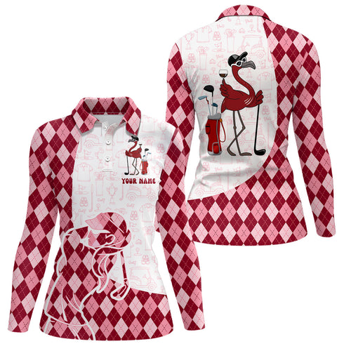 Red argyle plaid pattern flamingo golf wine Women golf polos shirt custom funny golf shirt for ladies NQS7850