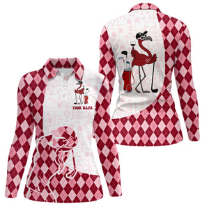 Red argyle plaid pattern flamingo golf wine Women golf polos shirt custom funny golf shirt for ladies NQS7850