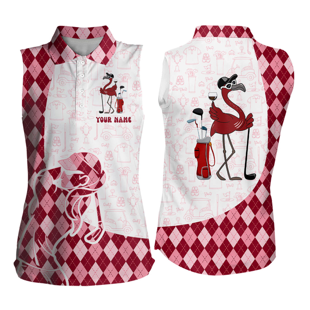 Red argyle pattern flamingo golf wine ladies sleeveless golf shirt custom funny golf shirt for women NQS7850