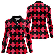 Load image into Gallery viewer, Womens golf polo shirts custom red and black argyle plaid pattern golf attire for ladies NQS7647