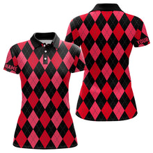 Load image into Gallery viewer, Womens golf polo shirts custom red and black argyle plaid pattern golf attire for ladies NQS7647