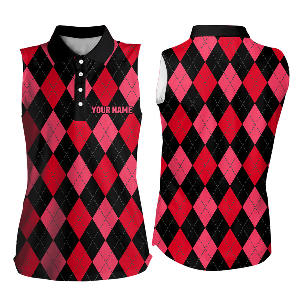 Women sleeveless polo shirt custom red and black argyle plaid pattern golf attire for ladies NQS7647