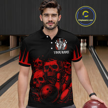 Load image into Gallery viewer, Black and Red Flame Skull Bowling Polo, Quarter Zip Shirts For Men Custom Skull Bowling Team Jerseys NQS9985