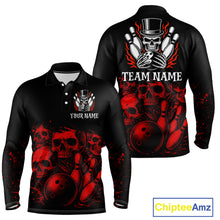 Load image into Gallery viewer, Black and Red Flame Skull Bowling Polo, Quarter Zip Shirts For Men Custom Skull Bowling Team Jerseys NQS9985