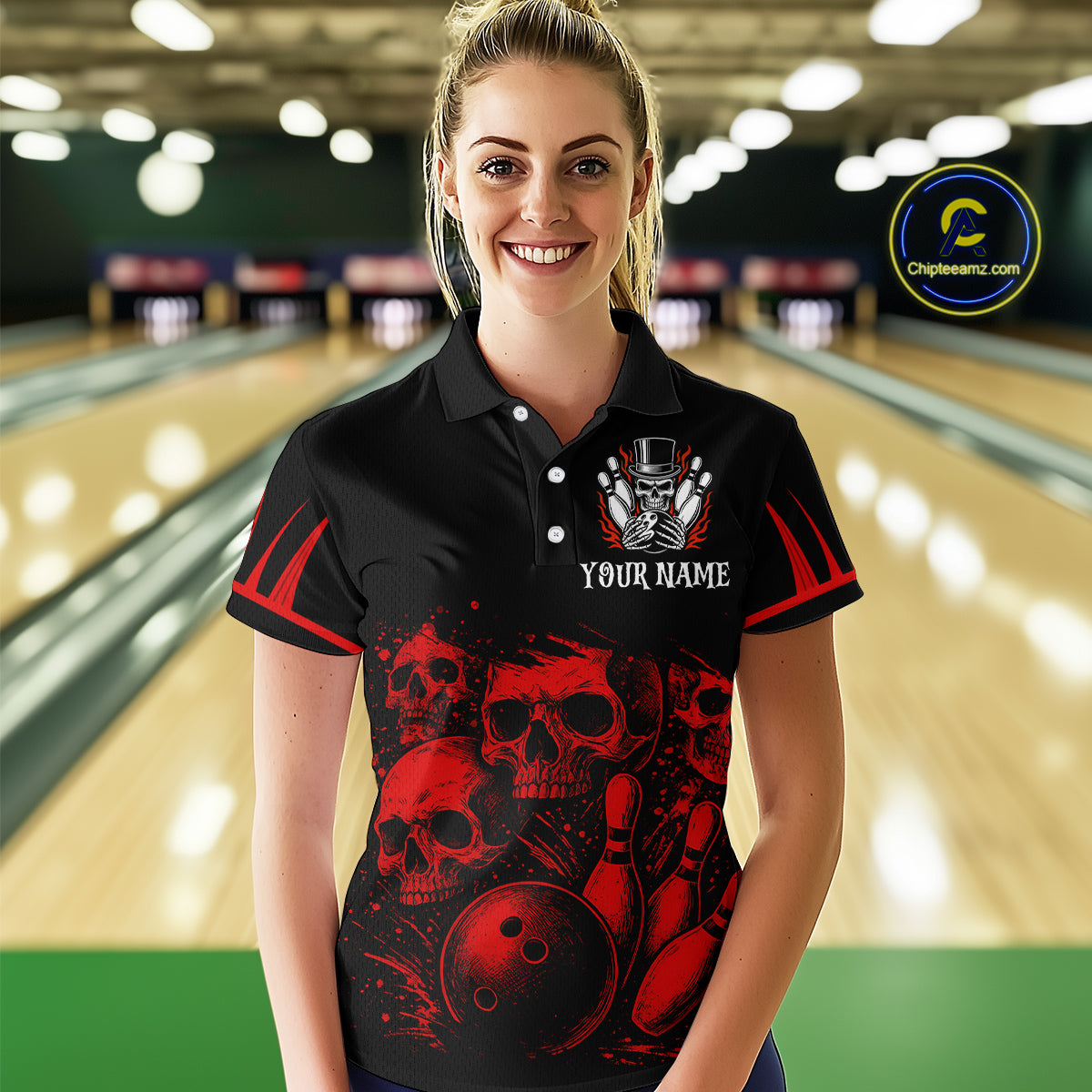 Black and Red Flame Skull Bowling Polo, Quarter Zip Shirts For Women Custom Skull Bowling Team Jerseys NQS9985