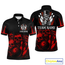 Load image into Gallery viewer, Black and Red Flame Skull Bowling Polo, Quarter Zip Shirts For Men Custom Skull Bowling Team Jerseys NQS9985