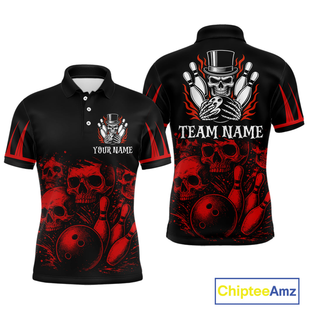 Black and Red Flame Skull Bowling Polo, Quarter Zip Shirts For Men Custom Skull Bowling Team Jerseys NQS9985