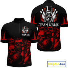 Load image into Gallery viewer, Black and Red Flame Skull Bowling Polo, Quarter Zip Shirts For Men Custom Skull Bowling Team Jerseys NQS9985