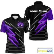 Load image into Gallery viewer, Black and Purple Lightning Bowling Polo, Quarter Zip Shirt for Men Custom Bowling Team League Jersey NQS10907