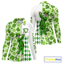 Load image into Gallery viewer, Green Shamrock argyle pattern St Patrick Skull Golf Polo Shirt For Women Custom women's golf outfits NQS 11507