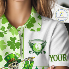Load image into Gallery viewer, Green Shamrock argyle pattern St Patrick Skull Golf Polo Shirt For Women Custom women's golf outfits NQS 11507