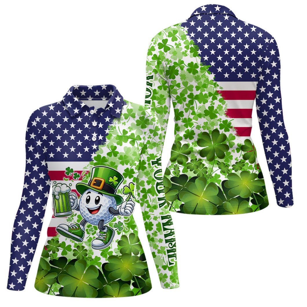 American flag St Patrick day shamrock golf pattern custom Women golf polo shirts, golf outfits ladies NQS9580