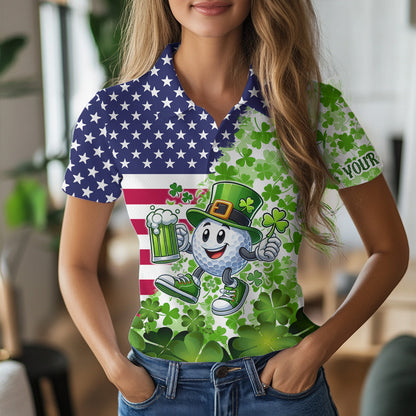 American flag St Patrick day shamrock golf pattern custom Women golf polo shirts, golf outfits ladies NQS9580