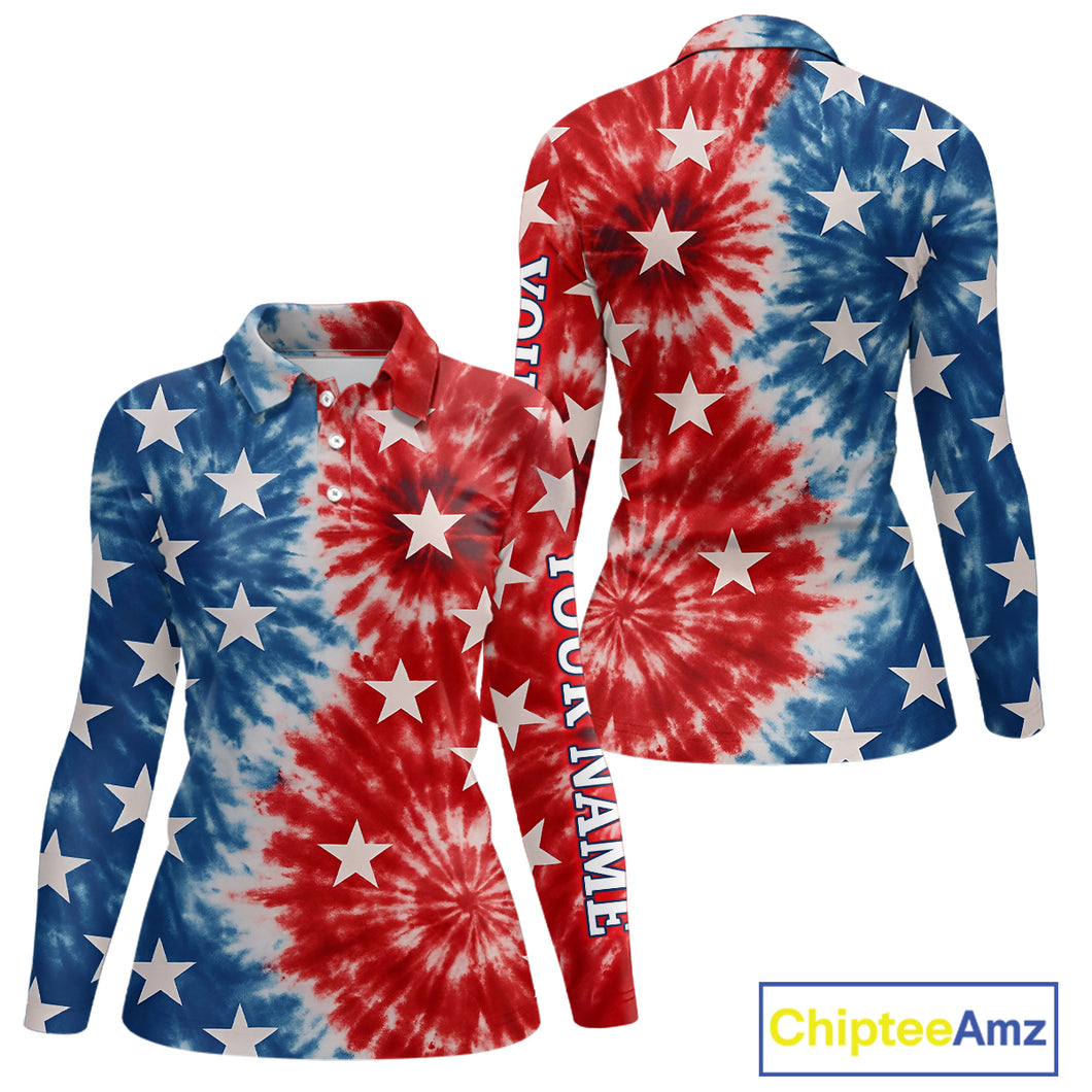 American Flag Tie dye pattern Womens golf polo shirt custom patriotic golf attire for ladies NQS9990