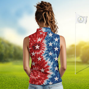 American Flag Tie dye pattern Womens sleeveless golf polo shirt custom patriotic golf attire for ladies NQS9990
