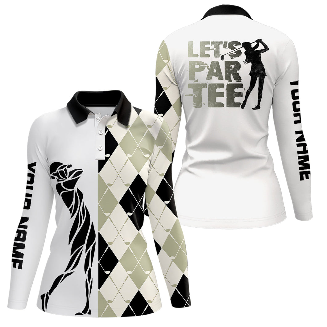 Black and white golf shirt argyle pattern golf clubs custom name Womens golf polo shirts Let's par tee NQS8079