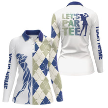 Load image into Gallery viewer, Blue and white golf shirt argyle pattern golf clubs custom name Womens golf polo shirts Let's par tee NQS8078