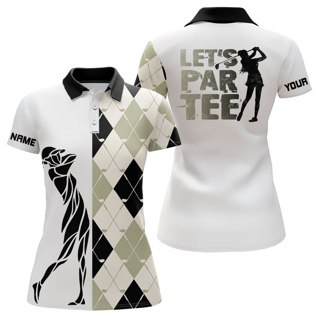 Black and white golf shirt argyle pattern golf clubs custom name Womens golf polo shirts Let's par tee NQS8079