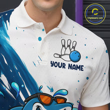 Load image into Gallery viewer, White and Blue Camo Shark Bowling polo, quarter zip shirts for Men Custom funny bowling team shirts NQS10280