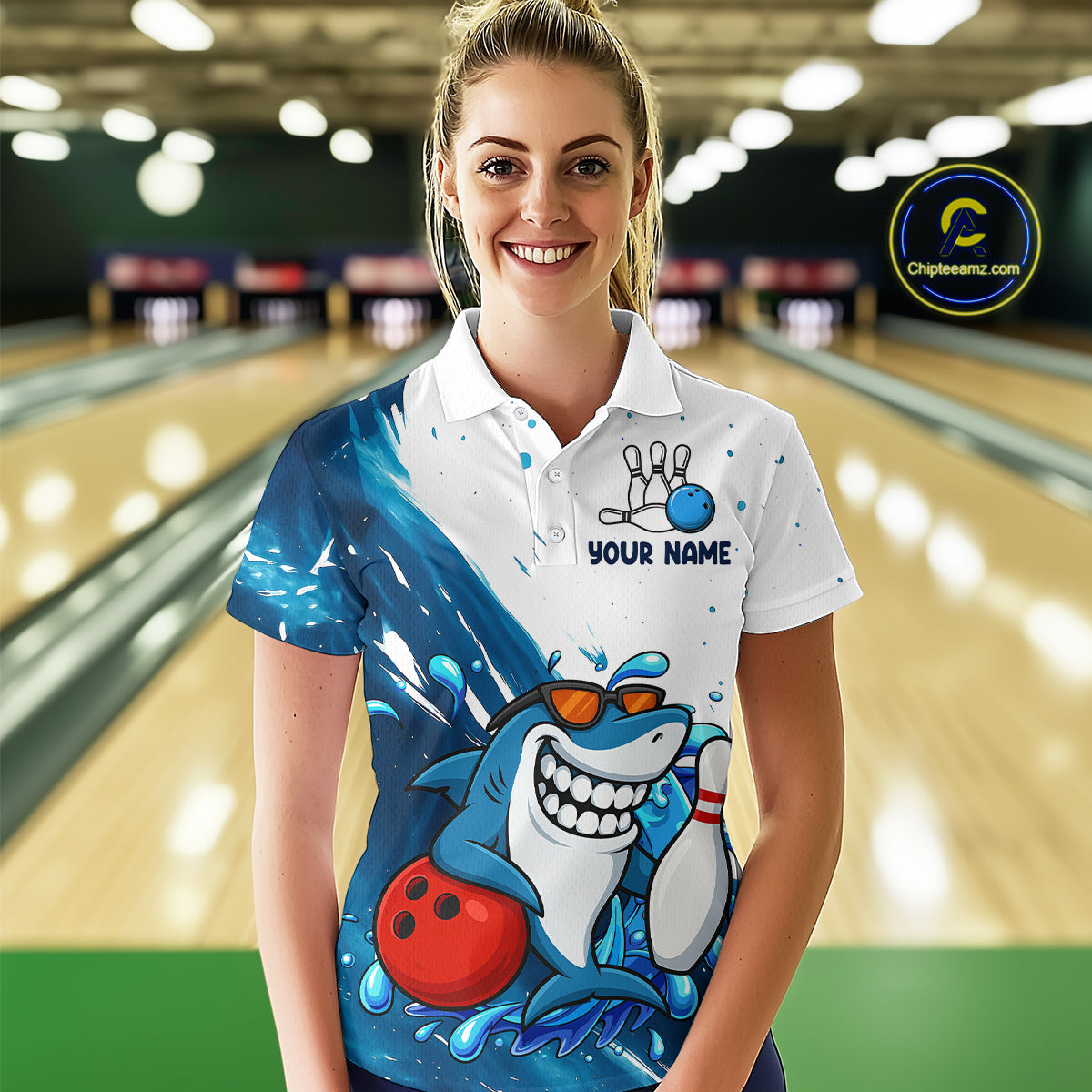 White and Blue Camo Shark Bowling polo, quarter zip shirts for Women Custom funny bowling team shirts NQS10280