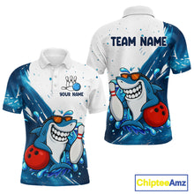 Load image into Gallery viewer, White and Blue Camo Shark Bowling polo, quarter zip shirts for Men Custom funny bowling team shirts NQS10280