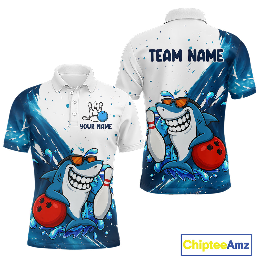 White and Blue Camo Shark Bowling polo, quarter zip shirts for Men Custom funny bowling team shirts NQS10280
