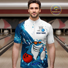Load image into Gallery viewer, White and Blue Camo Shark Bowling polo, quarter zip shirts for Men Custom funny bowling team shirts NQS10280