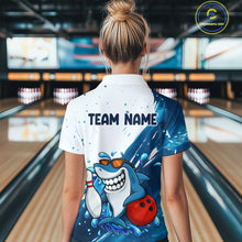 Load image into Gallery viewer, White and Blue Camo Shark Bowling polo, quarter zip shirts for Women Custom funny bowling team shirts NQS10280
