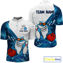 Load image into Gallery viewer, White and Blue Camo Shark Bowling polo, quarter zip shirts for Men Custom funny bowling team shirts NQS10280