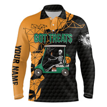 Load image into Gallery viewer, Black and orange Halloween golf skeleton Mens golf polo shirts custom name got treats golf outfits men NQS6174