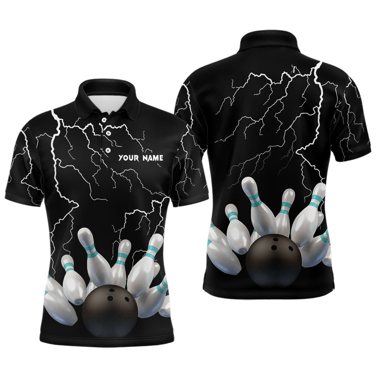 Black lightning thunder custom men bowling polo shirt bowling ball pins team jerseys NQS6425
