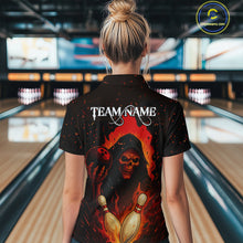 Load image into Gallery viewer, Black and Red Flame Skull Reaper Bowling Shirt For Women Custom Halloween Bowling Team Outfit Jerseys NQS10695