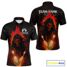 Load image into Gallery viewer, Black and Red Flame Skull Reaper Bowling Shirt For Men Custom Halloween Bowling Team Outfit Jerseys NQS10695