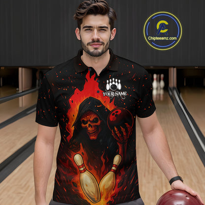 Black and Red Flame Skull Reaper Bowling Shirt For Men Custom Halloween Bowling Team Outfit Jerseys NQS10695