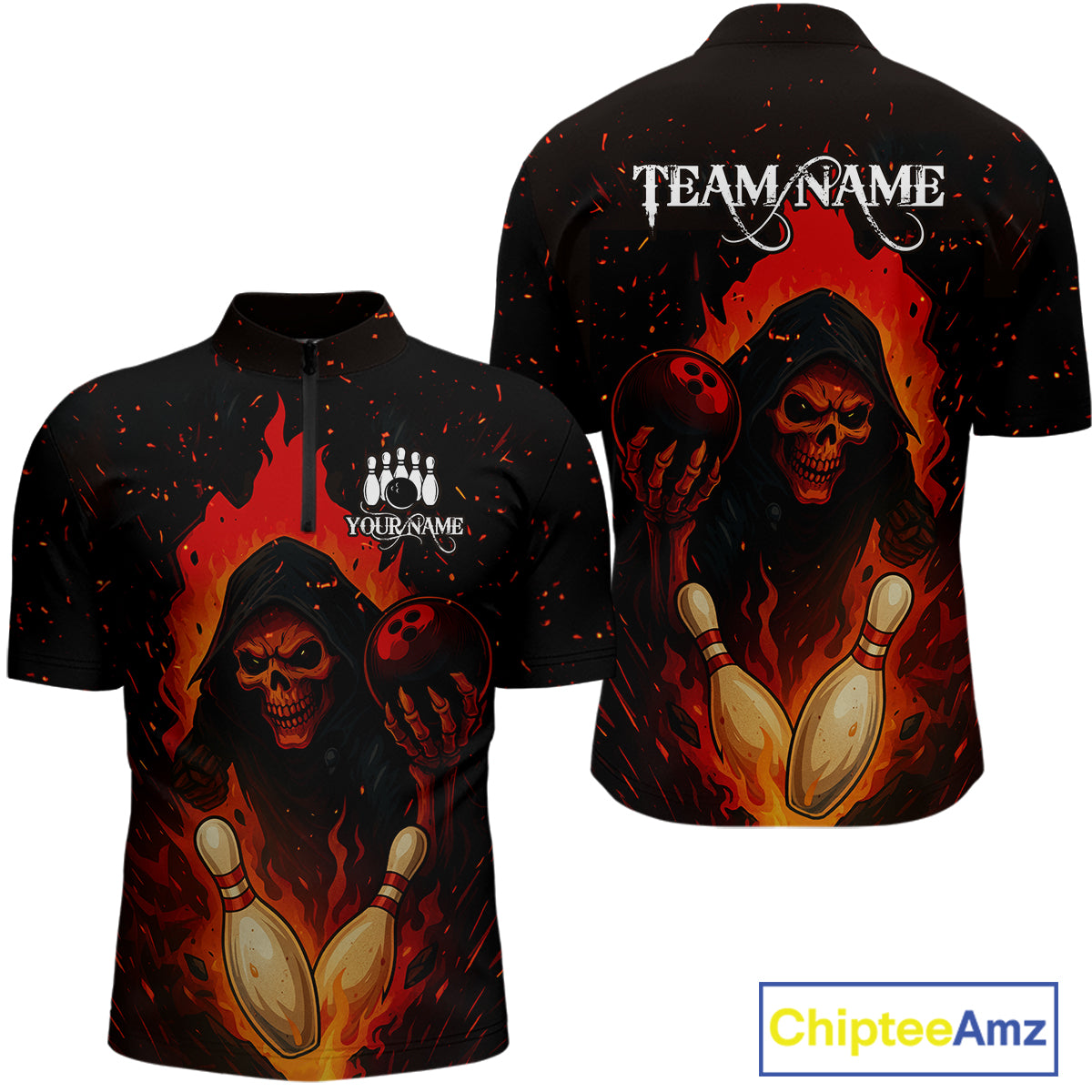 Black and Red Flame Skull Reaper Bowling Shirt For Men Custom Halloween Bowling Team Outfit Jerseys NQS10695