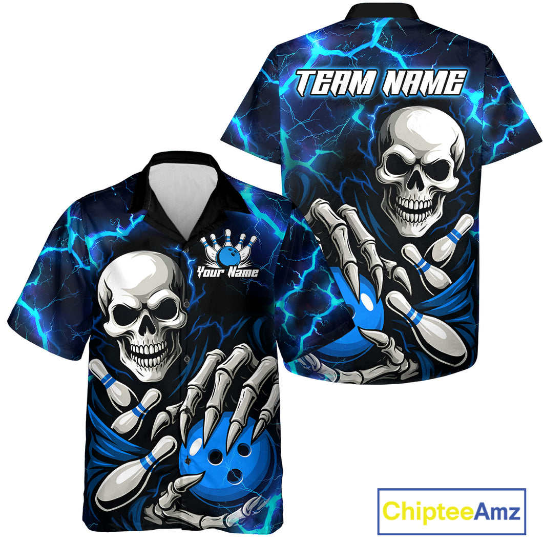 Custom Blue Lightning Thunder Skull Bowling Hawaiian Shirt, Halloween Bowling Team Button Up Shirt NQS10720