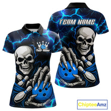 Load image into Gallery viewer, Custom Blue Lightning Thunder Skull Bowling Shirts For Women, Halloween Bowling Team Jerseys NQS10720