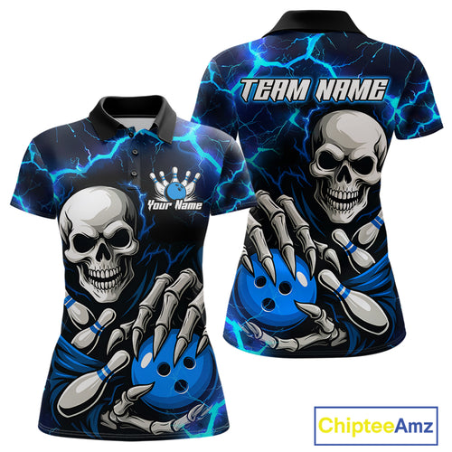 Custom Blue Lightning Thunder Skull Bowling Shirts For Women, Halloween Bowling Team Jerseys NQS10720