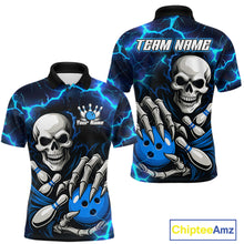Load image into Gallery viewer, Custom Blue Lightning Thunder Skull Bowling Shirts For Men, Halloween Bowling Team Jerseys NQS10720
