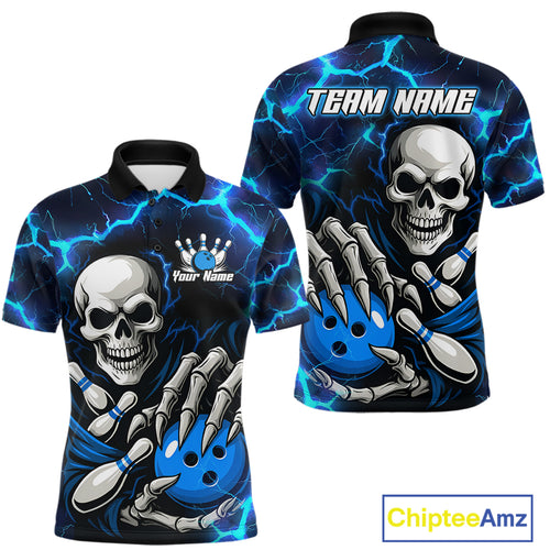 Custom Blue Lightning Thunder Skull Bowling Shirts For Men, Halloween Bowling Team Jerseys NQS10720