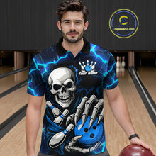 Load image into Gallery viewer, Custom Blue Lightning Thunder Skull Bowling Shirts For Men, Halloween Bowling Team Jerseys NQS10720