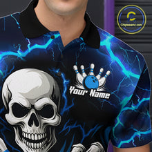 Load image into Gallery viewer, Custom Blue Lightning Thunder Skull Bowling Shirts For Men, Halloween Bowling Team Jerseys NQS10720
