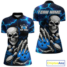 Load image into Gallery viewer, Custom Blue Lightning Thunder Skull Bowling Shirts For Women, Halloween Bowling Team Jerseys NQS10720