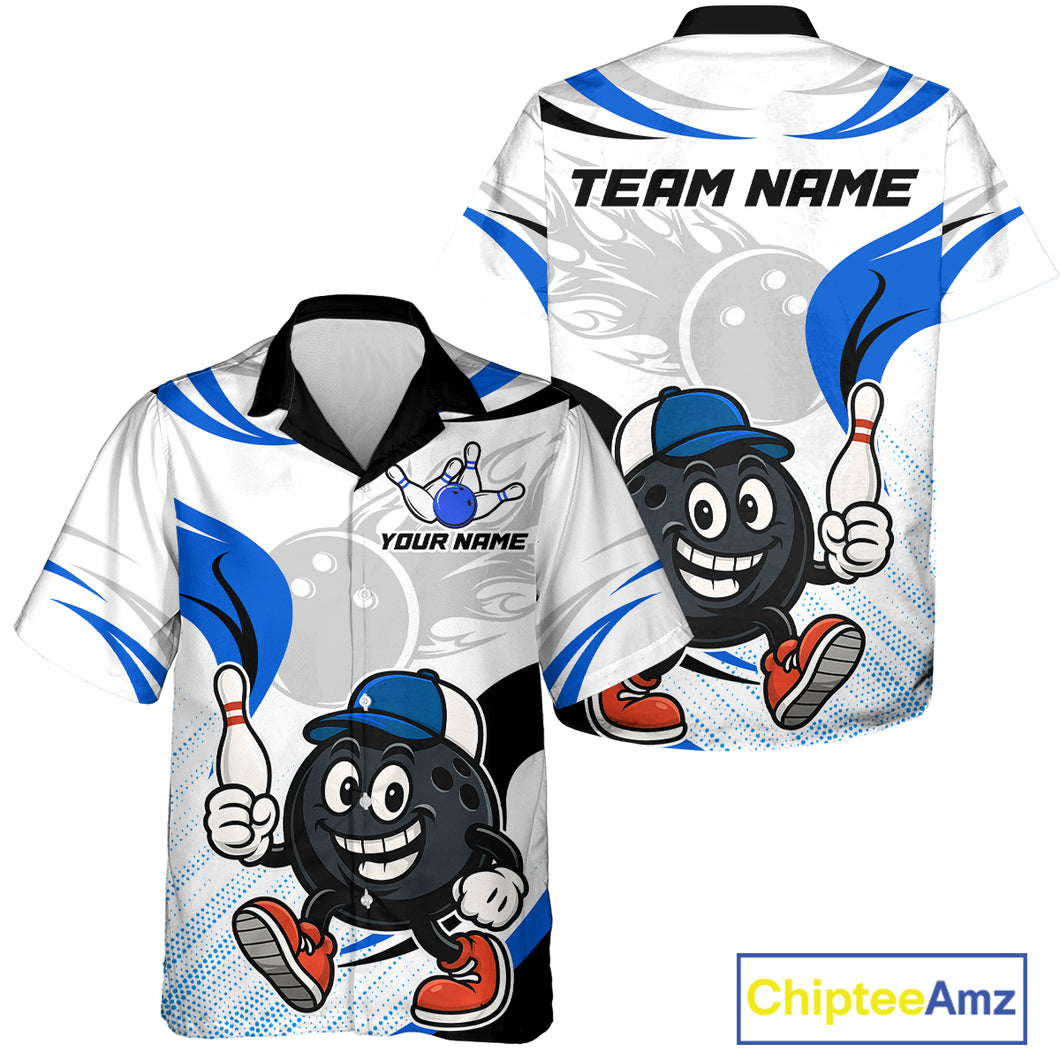Blue and White Funny Bowling Hawaiian Shirts Custom Team Bowling Button-up shirts NQS11103