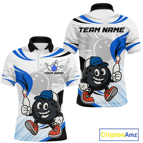 Blue and White Funny Bowling Shirts For Men Custom Team Bowling Polo, 1/4 Zip Jerseys NQS11103