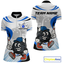 Load image into Gallery viewer, Blue and White Funny Bowling Shirts For Women Custom Team Bowling Polo, 1/4 Zip Jerseys NQS11103