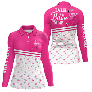 Funny Womens golf polo shirt custom pink and white flamingo golf shirts talk birdie to me NQS7527