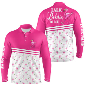 Funny Mens golf polo shirts custom pink and white flamingo golf shirts talk birdie to me NQS7527