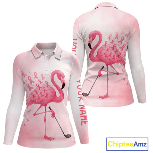 Watercolor Pink Flamingo ribbons Women golf polo shirt Custom Breast Cancer Awareness ladies golf top NQS10512