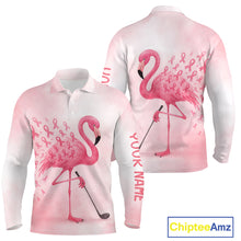Load image into Gallery viewer, Watercolor Pink Flamingo ribbons Mens golf polo shirts Custom Breast Cancer Awareness men golf attire NQS10512